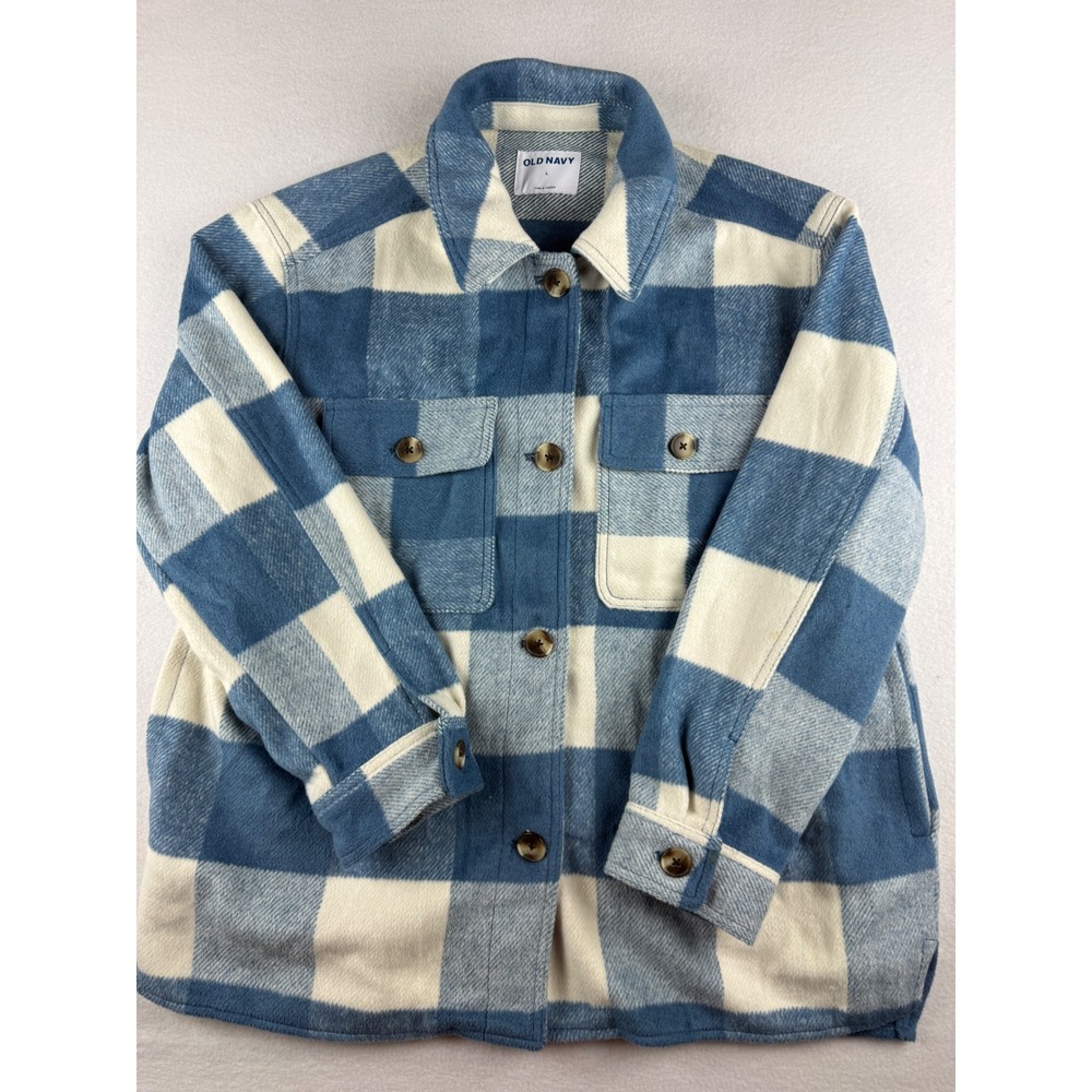 Old Navy Womens Blue White Buffalo Plaid Flannel Shacket Shirt Jacket Large L